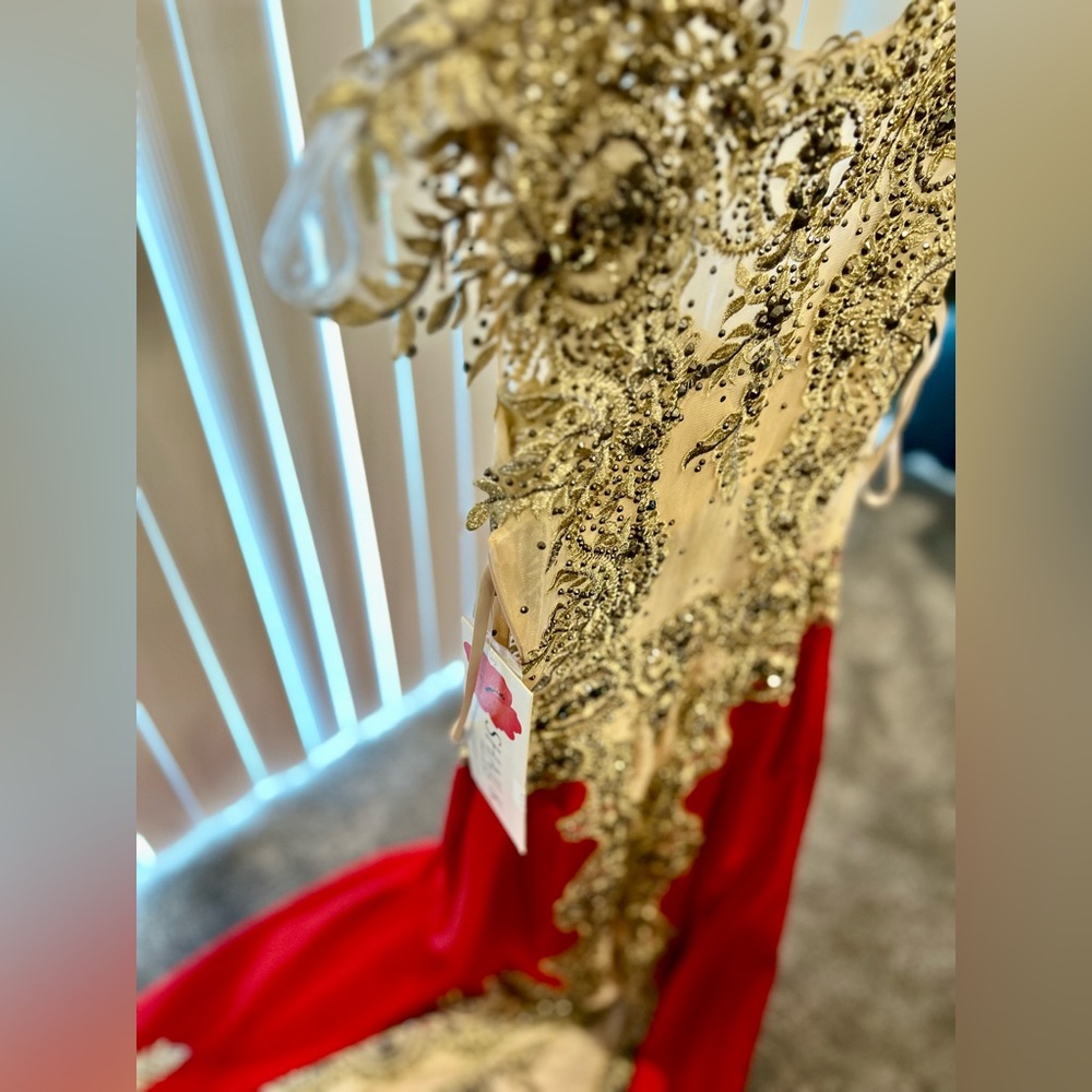 Stunning Red Gown with Nude beaded Top and Train. - Picture 6 of 17